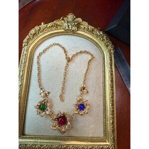 19 Inch  Kovonchy Gold Tone Statement Necklace W/ Red Green Blue Stones